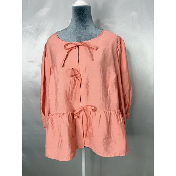 Ava & Viv Pink Tie Front Peplum Blouse XXL Elbow Sleeve Rayon NWT - Picture 2 of 13